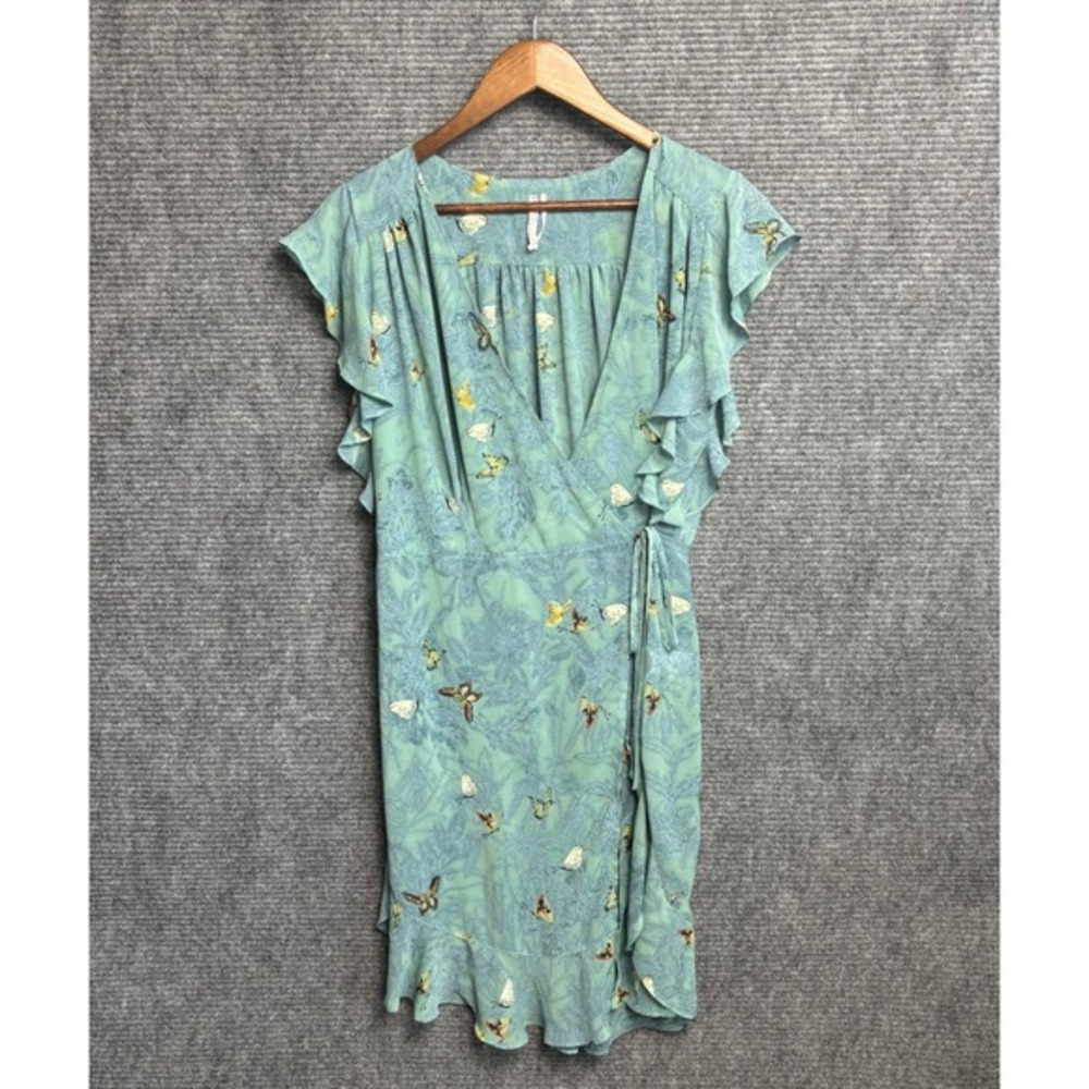 Feather Bone by Anthropologie Butterfly Print Ruffle Wrap Dress Green Large